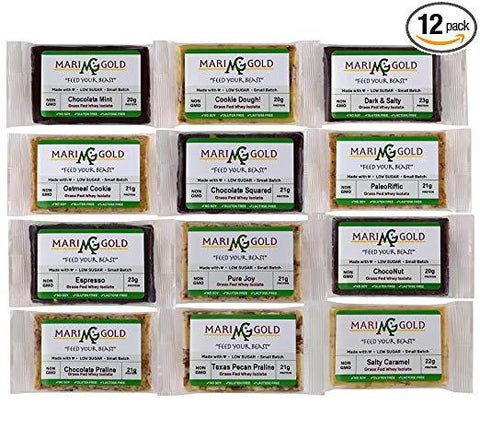 MariGold GRASS FED Whey Protein Bars Sampler Pack- 21+gm Protein, Even LOWER Sugar, Non GMO, Amazing Taste - Made Fresh, Ships Fresh. Purest Ingredients (12)